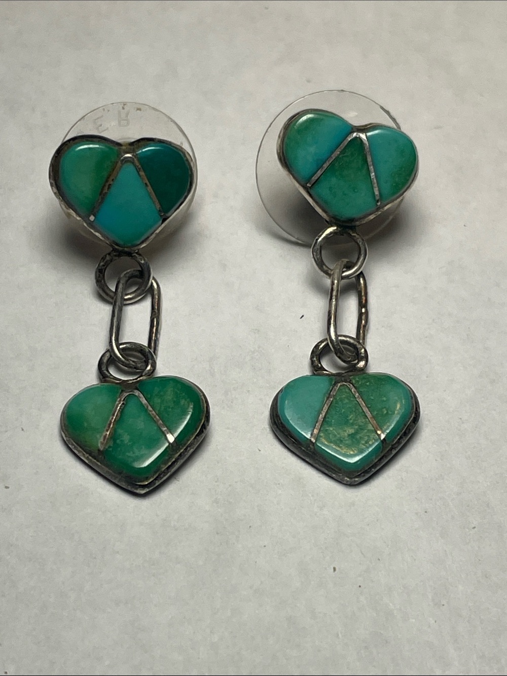 "Vintage Zuni Sterling Silver Turq.  Channel Inlay Double Heart Dangle Earrings